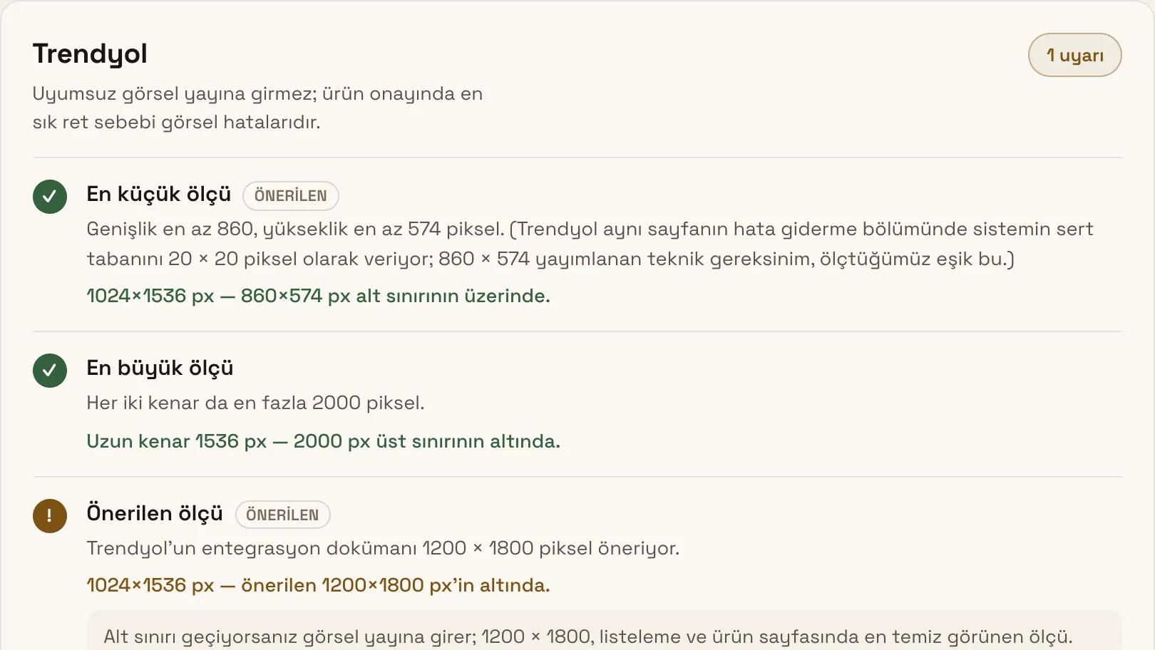 Kural listesi: iki kural yeşil onay işaretiyle geçmiş, biri turuncu ünlemle uyarı vermiş; ölçülen piksel değerleri her kuralın altında yazıyor.