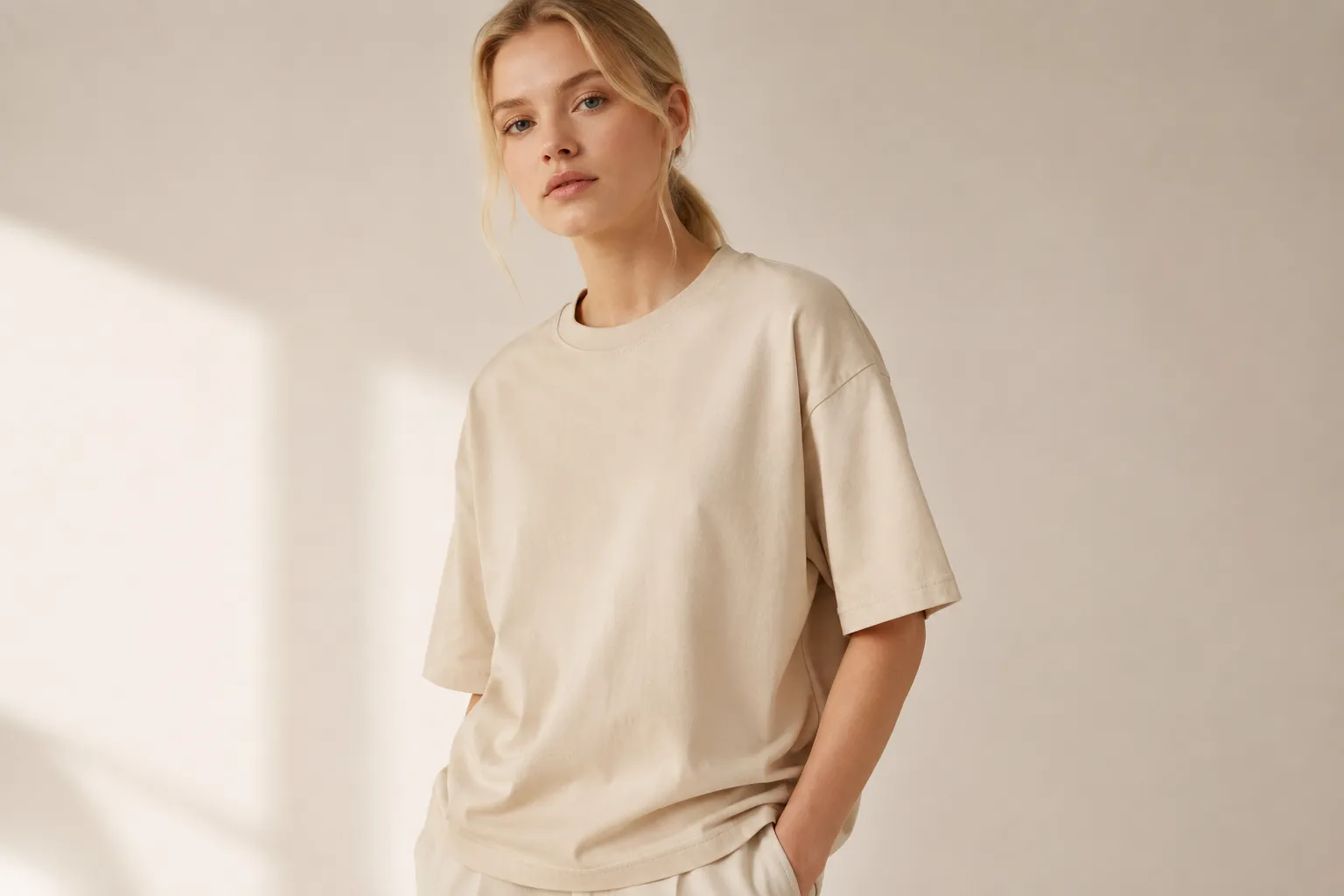 Satışa hazır model görseli — ecru oversize tişört