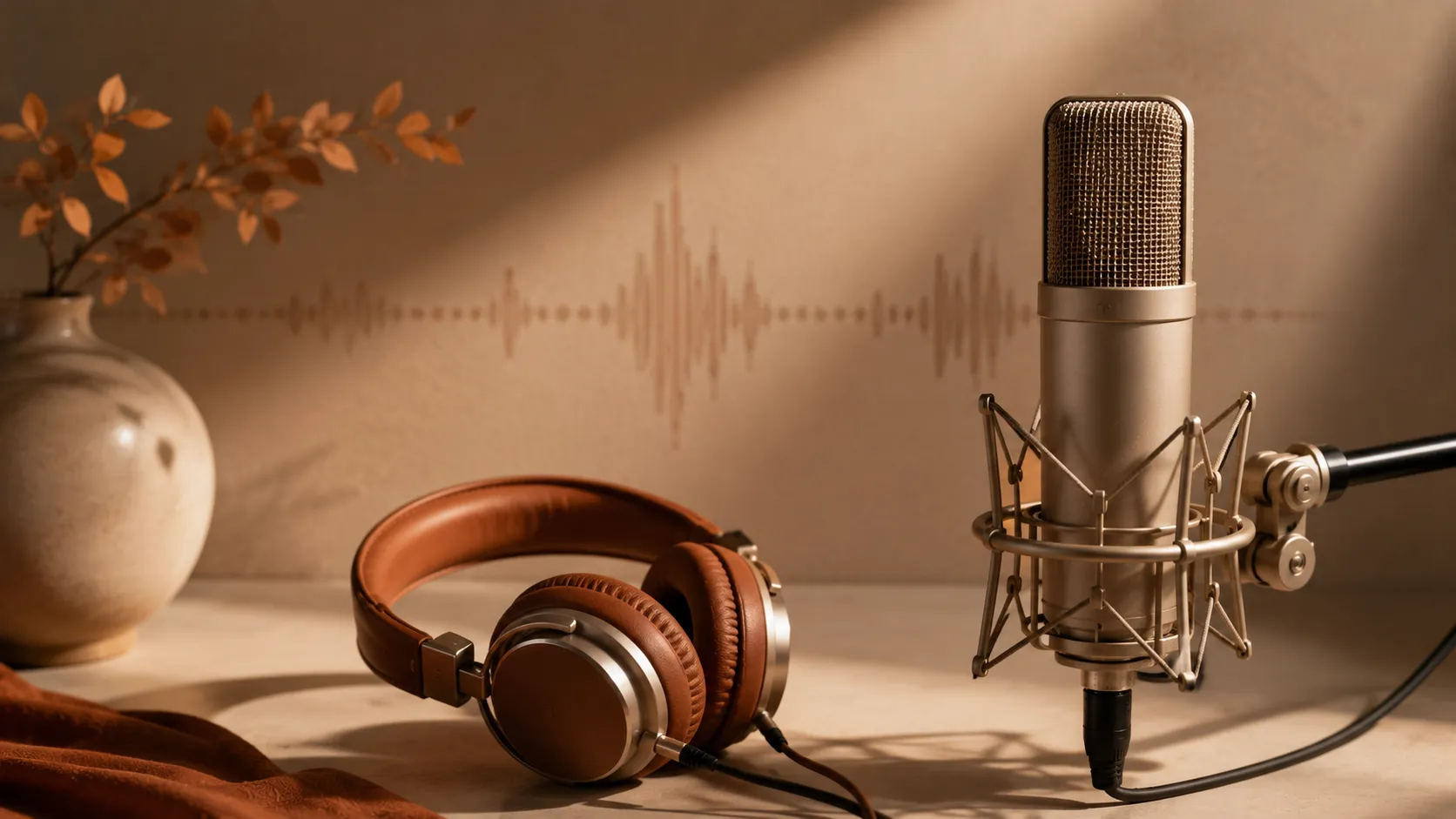 Kondenser mikrofon, kulaklık ve duvara düşen ses dalgası — müzik, ses tasarımı ve seslendirme üretimi