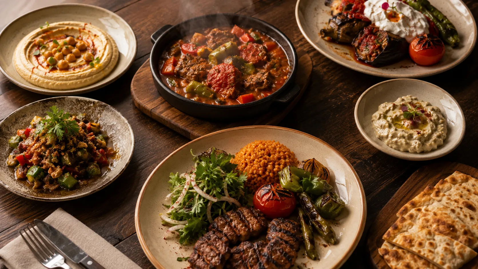 Servise hazır yemeklerle kurulmuş masa — yemek fotoğrafçılığı sahnesi